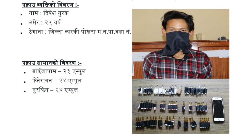 ७१ एम्पुल लागुऔषध सहित पोखरा १३ गौडाको मुखबाट २५ वर्षिय दिपेश गुरुङ पक्राउ
