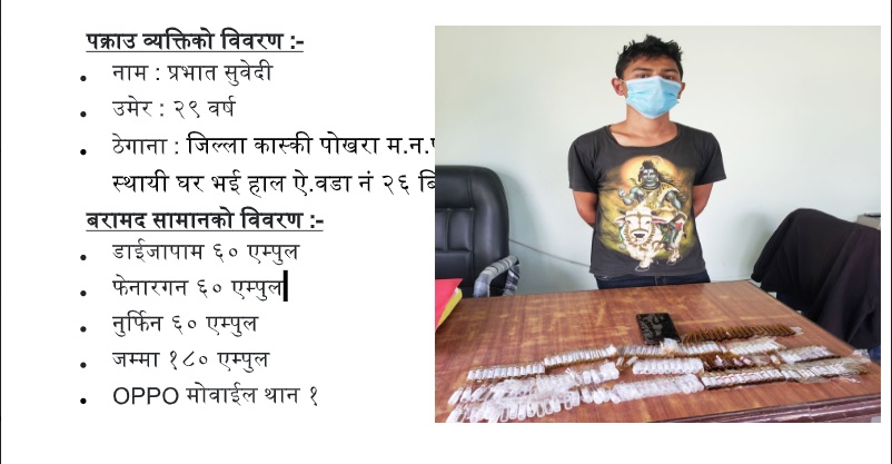 १८० एम्पुल लागूऔषध बोकेर हिडिरहेको अवस्थामा पोखरा बिजयपुरबाट युवा पक्राउ