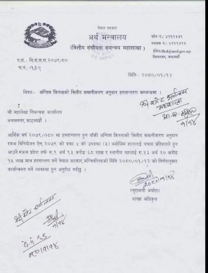 स्थानीय तह र प्रदेश सरकारलाई दिदै आएको अनुदान ५० प्रतिशत कटौती सम्बन्धि पत्र 
