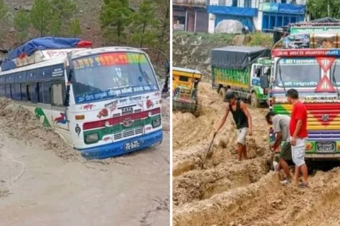 खोलामा आएको लेदो माटोसहितको बाढीमा परेर डोल्पा जाने बाटोमा बस फस्यो