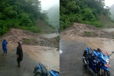 घोप्टेभीरमा लेदोसहितको पहिरो, काठमाडौं जाने बाटो बन्द : मध्यपहाडी लोकमार्गको ठाउँठाउँमा पहिरो