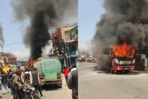 काठमाण्डौको ढुंगेअड्डामा गुड्दै गरेको बसमा आगलागी