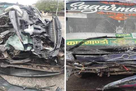गएराती चितवनमा इभी कार र बस ठोक्किए : कार चालकको मृत्यु