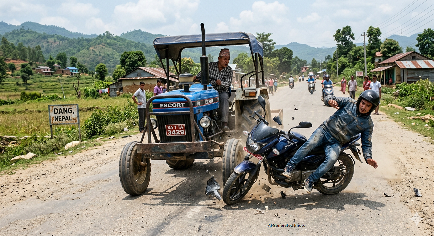 दाङमा मोटरसाइकल ट्याक्टरमा ठोक्किंदा चालकको मृत्यु