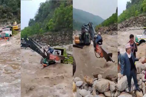 हेवाखोलामा आएको बाढीमा फंसेको ट्रिपरभित्र अल्झिएका व्यक्तिको उद्धार (भिडियोसहित)