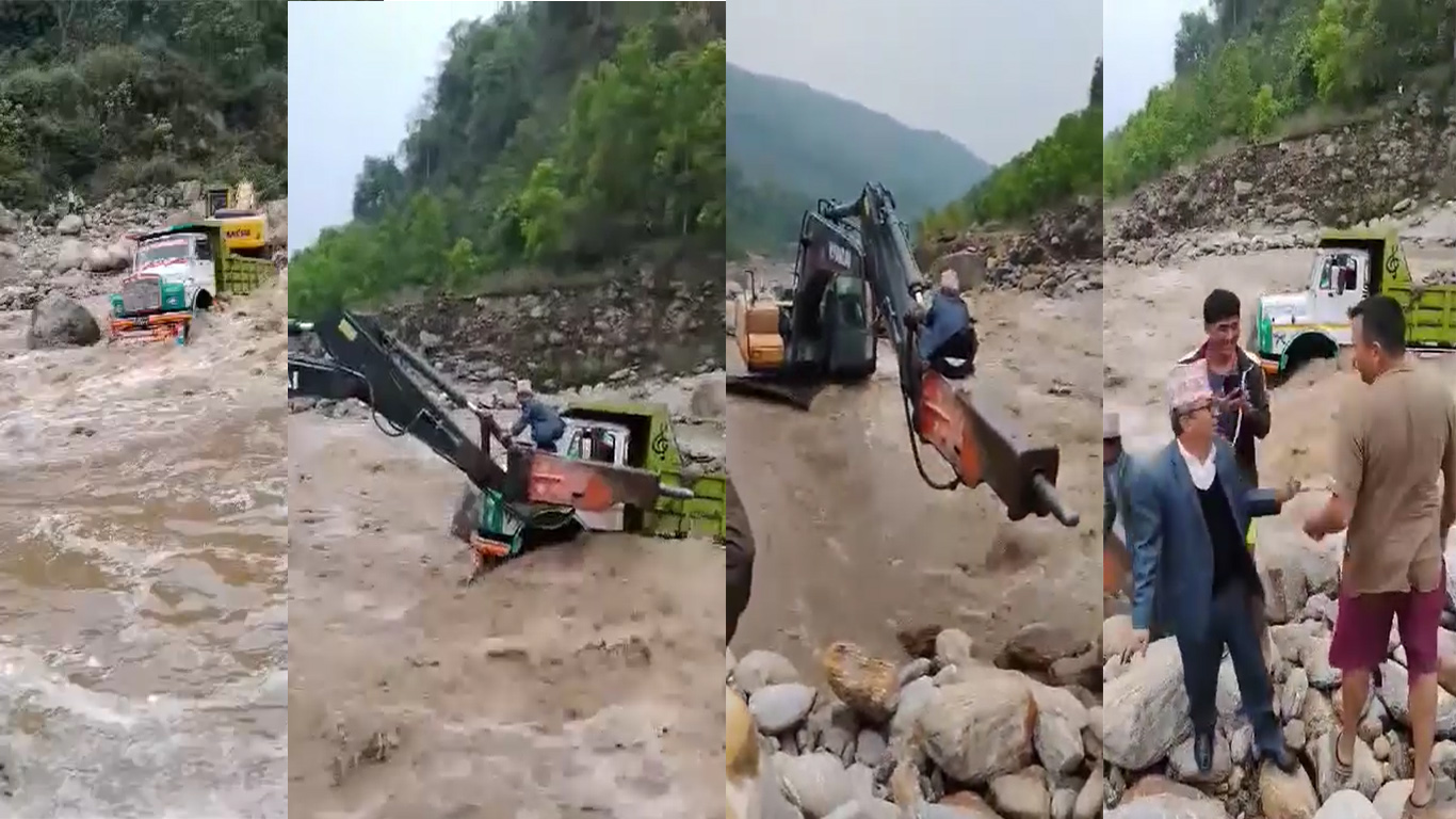 हेवाखोलामा आएको बाढीमा फंसेको ट्रिपरभित्र अल्झिएका व्यक्तिको उद्धार (भिडियोसहित)