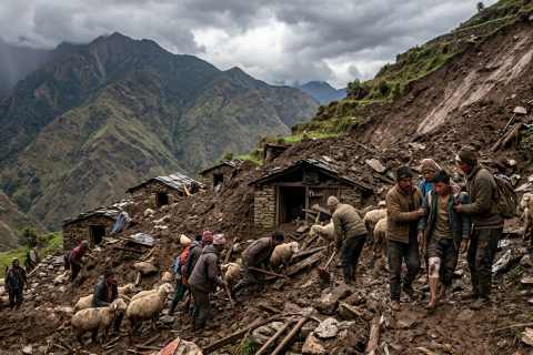सङ्खुवासभामा पहिरोले भेडी गोठ पुरिँदा दुई सयभन्दा बढी भेडा हराए, एक जना घाइते  