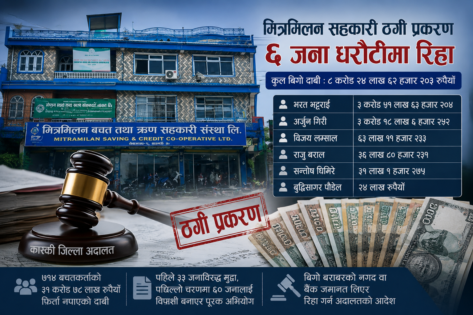 मित्रमिलन सहकारी ठगी प्रकरण : पूरक अभियोग लागेका ६ जना धरौटीमा रिहा