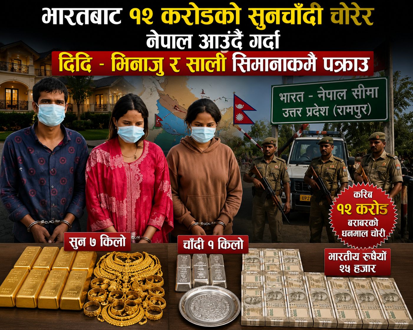 भारतबाट १२ करोडको सुनचांदी चोरेर नेपाल आउंदै गर्दा दिदि – भिनाजु र साली सिमानाकामै पक्राउ