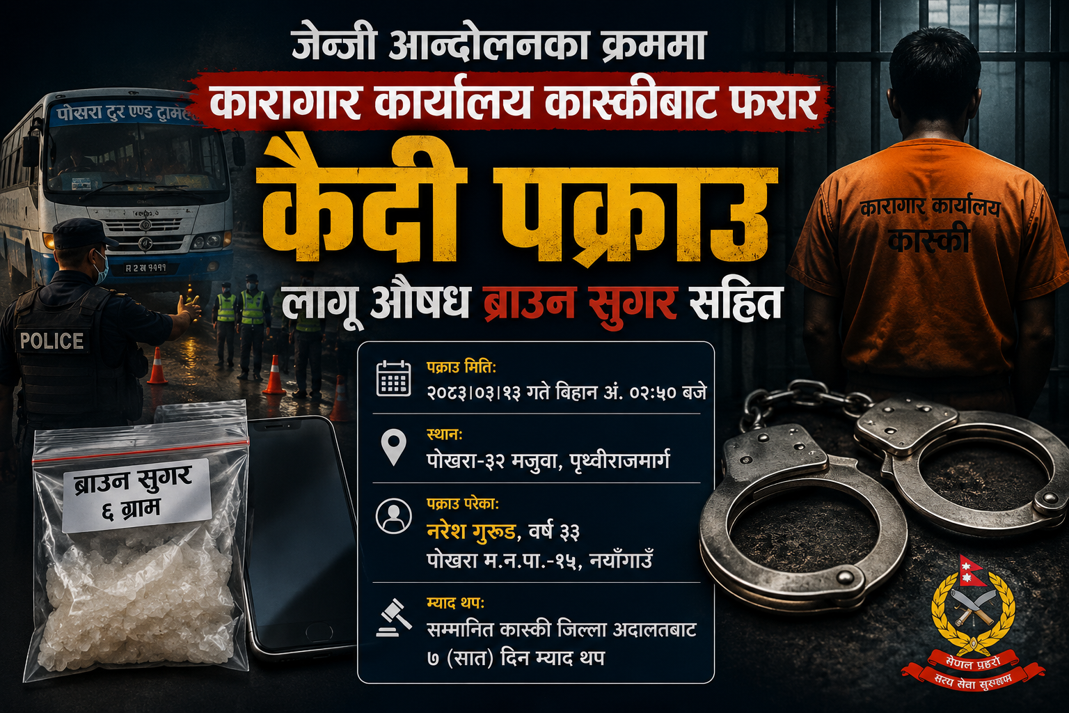 जेन्जी आन्दोलनमा कास्की कारागारबाट भागेका कैदी ब्राउन सुगरसहित पोखराबाट पक्राउ