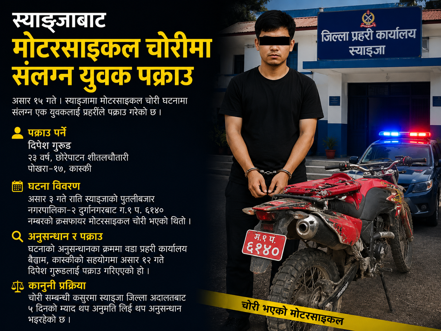 स्याङ्जाबाट मोटरसाइकल चोरी गरेको आरोपमा पोखराबाट एक युवा पक्राउ