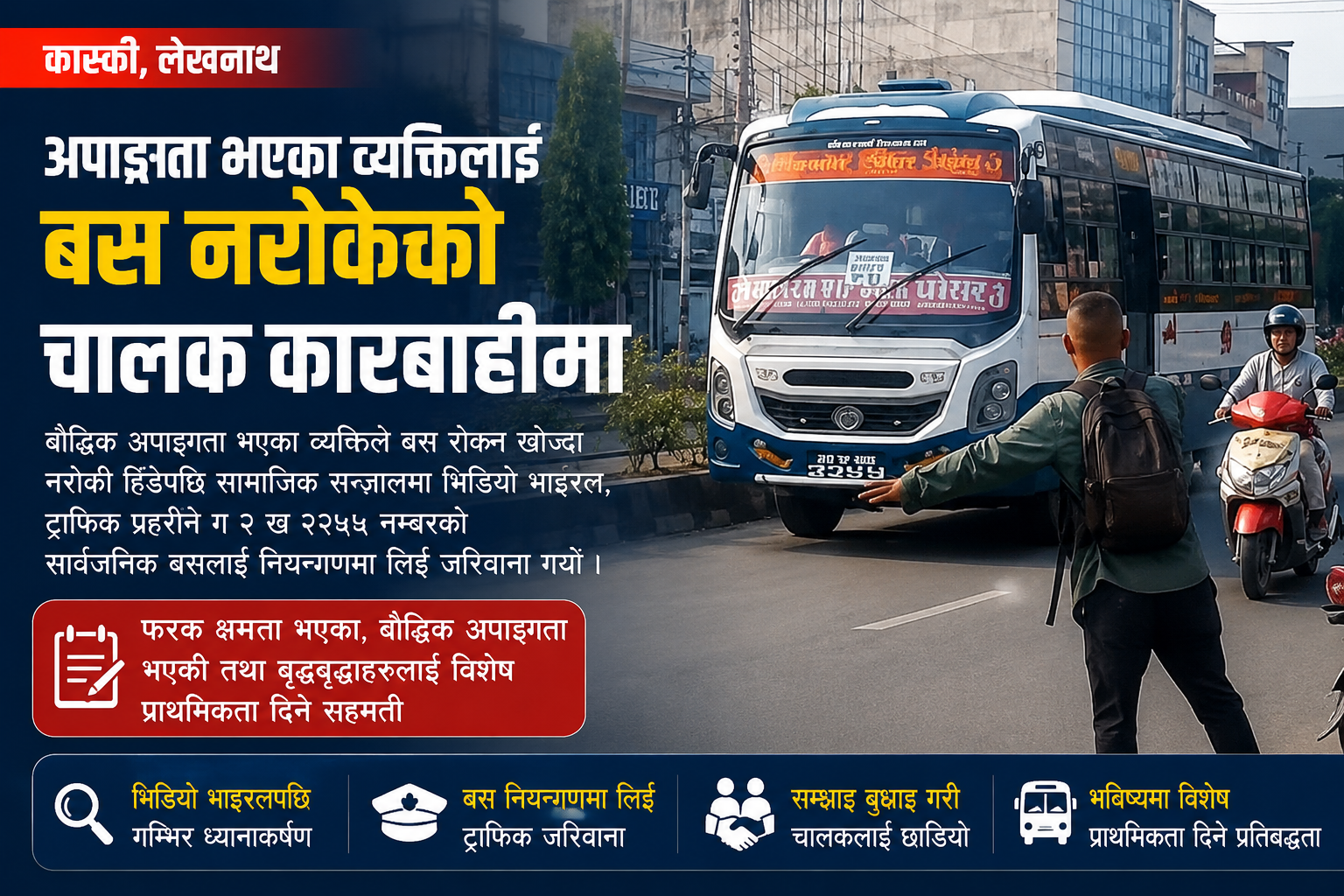 बौद्धिक अपाङ्गता भएका यात्रुलाई बेवास्ता गर्ने बस चालकलाई पोखरामा ट्राफिक प्रहरीले गर्यो जरिवाना