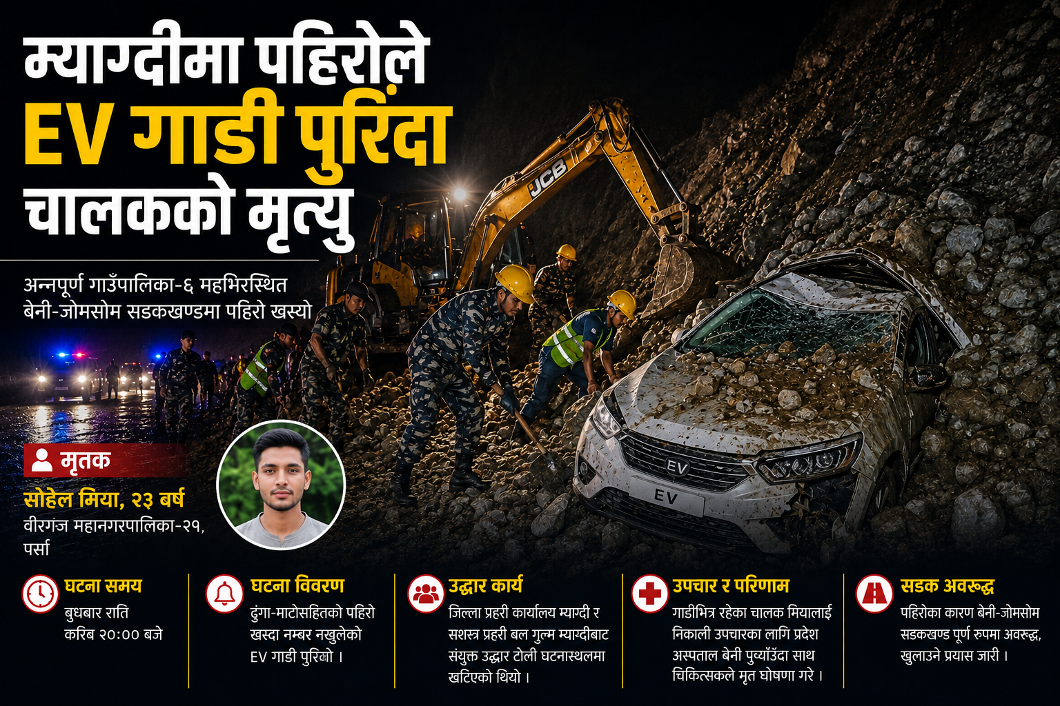 म्याग्दीको महभिरमा पहिरोले EV गाडी पुरियो : चालकको मृत्यु