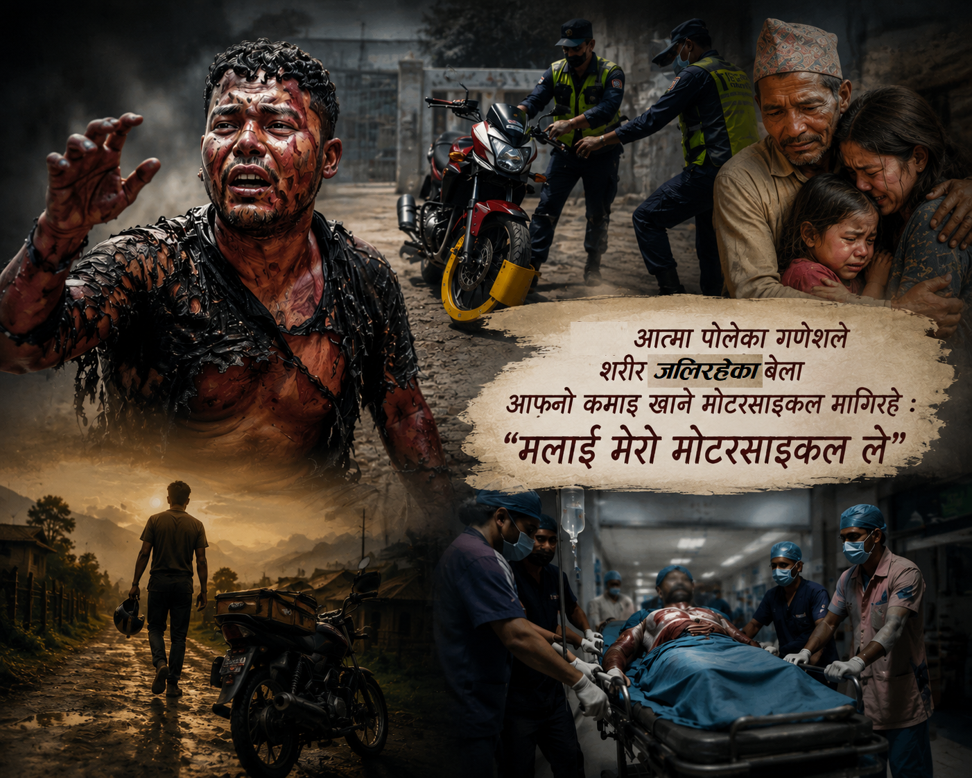 भित्री आत्मा पोलेका गणेशले शरीर जलिरहेकै बेला आफ्नो कमाइ खाने मोटरसाइकल मागिरहे
