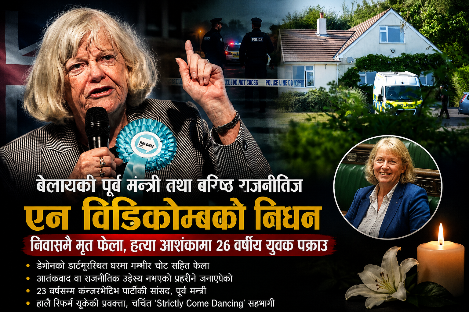 बेलायतकी पूर्व मन्त्री तथा वरिष्ठ राजनीतिज्ञ एन विडिकोम्ब मृत भेटिइन् : हत्याको आशंकामा २६ वर्षीय युवक पक्राउ
