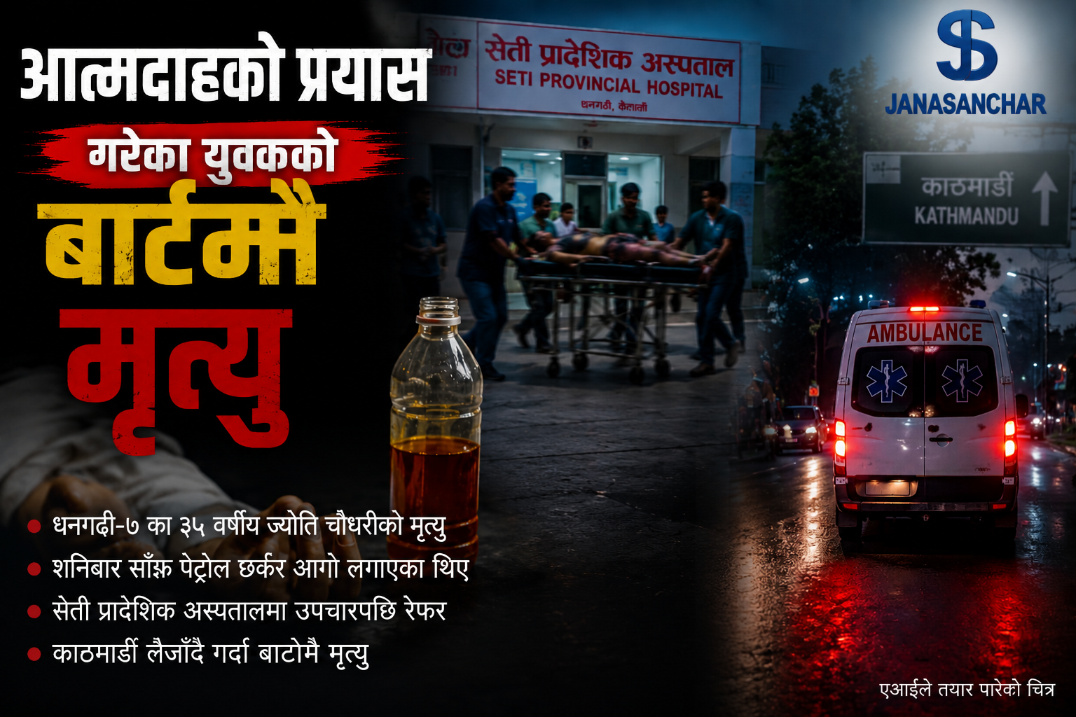 धनगढीमा आत्मदाह प्रयास गरेका युवकको उपचारका लागि काठमाडौं लैजाँदै गर्दा मृत्यु