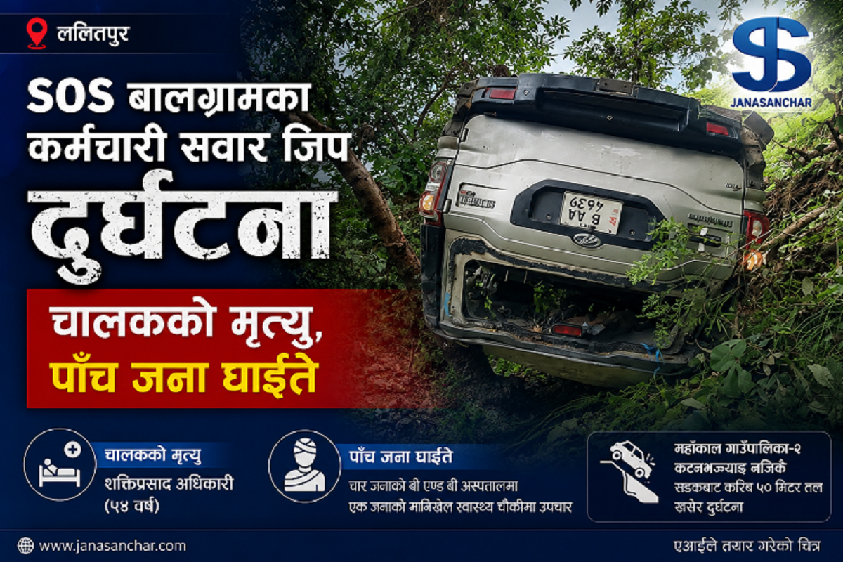 ललितपुरमा एसओएस बालग्रामका कर्मचारी सवार जिप दुर्घटना हुँदा चालकको मृत्यु, पाँच जना घाइते