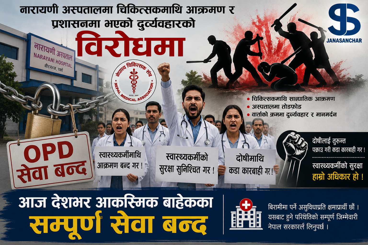 नारायणी अस्पतालका चिकित्सकमाथि आक्रमणको विरोधमा आज देशभर आकस्मिक सेवा बाहेकका सबै ओपीडी सेवा बन्दको घोषणा