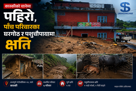 कास्कीको अन्नपूर्ण गाउँपालिकामा पहिरोले पाँच परिवार प्रभावित, घरगोठ र पशुचौपायामा क्षति
