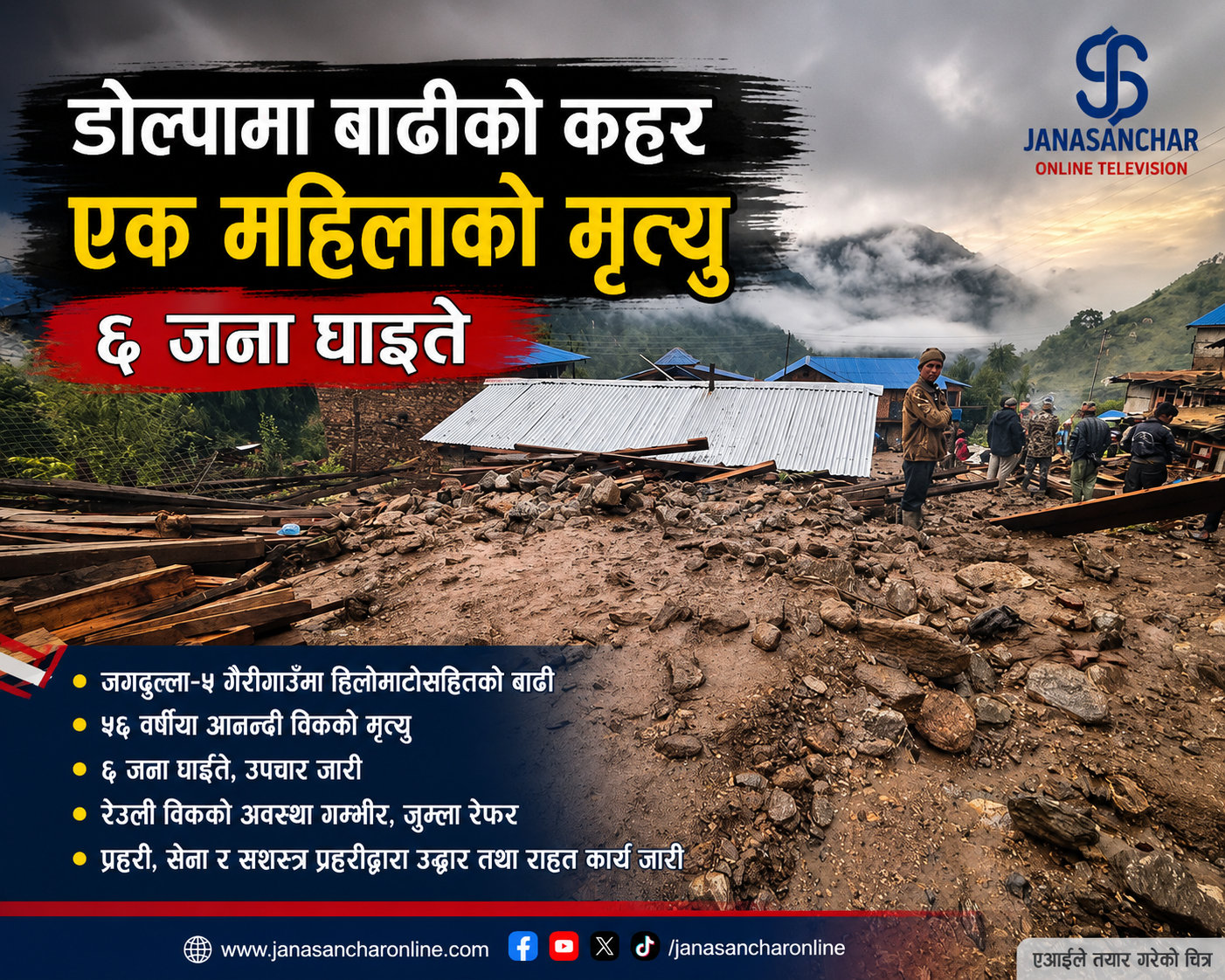 एकाबिहानै डोल्पामा बाढीको कहर : एक महिलाको मृत्यु, ६ जना घाइते