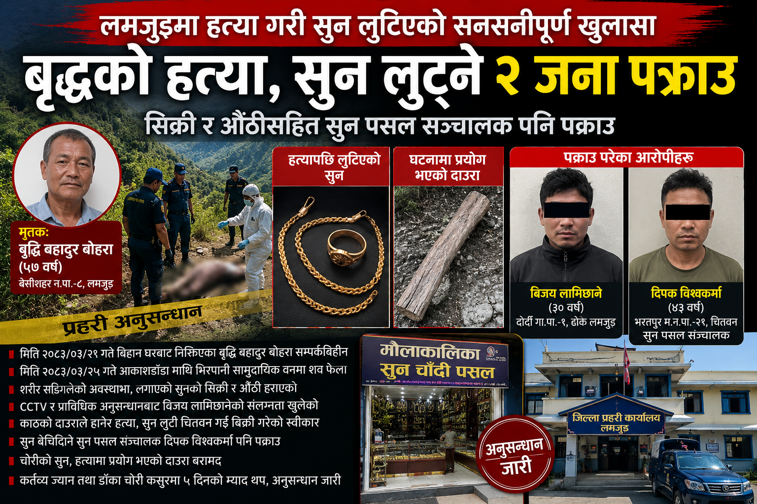 लमजुङमा सुनको सिक्री र सुनको औँठी लुट्न हत्याः लुटेकाे सुन किन्ने र हत्या गर्ने दुवै जना पक्राउ