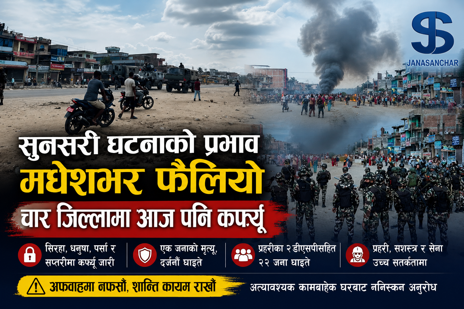 सुनसरी घटनाको प्रभाव मधेशभरः चार जिल्लामा आज पनि कर्फ्यु, सुरक्षा व्यवस्था थप कडा