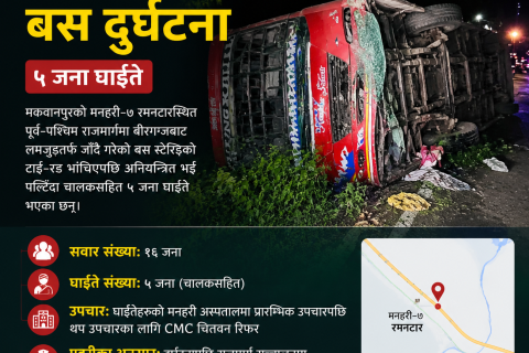 बीरगञ्जबाट लमजुङ जाँदै गरेकाे बस मकवानपुरकाे मनहरिमा दुर्घटना, पाँच जना घाइते