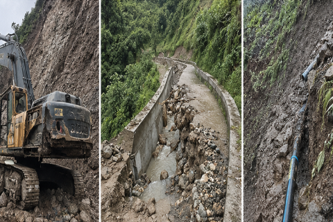 कास्कीको माछापुच्छ्रेमा पहिरोको बितण्डा : स्काभेटर, सिँचाइ कुलो र खानेपानी पाइपमा क्षति