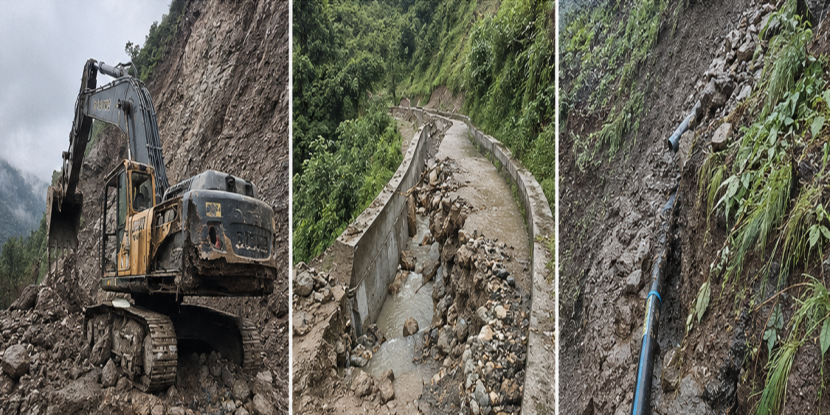 कास्कीको माछापुच्छ्रेमा पहिरोको बितण्डा : स्काभेटर, सिँचाइ कुलो र खानेपानी पाइपमा क्षति