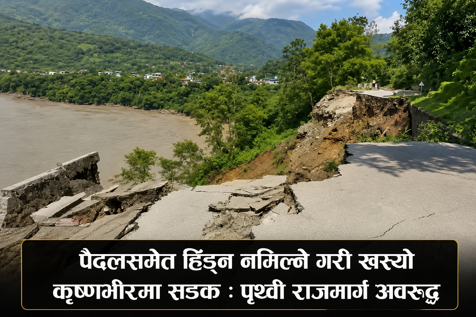 पैदलसमेत हिँड्न नमिल्ने गरी खस्याे कृष्णभीरमा सडक : पृथ्वी राजमार्ग अवरुद्ध