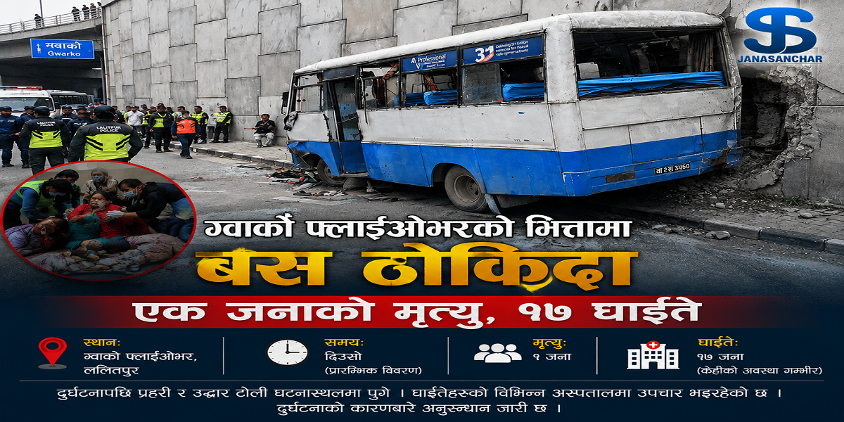 ललितपुरको ग्वार्को फ्लाईओभरको भित्तामा बस ठोक्किँदा एक जनाको मृत्यु, १७ घाइते