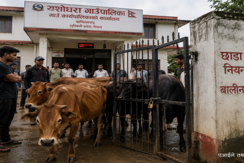 छाडा चौपाया नियन्त्रणमा बेवास्ता गरेको भन्दै युवाले गाउँपालिका कार्यालयमै गाईगोरु थुने