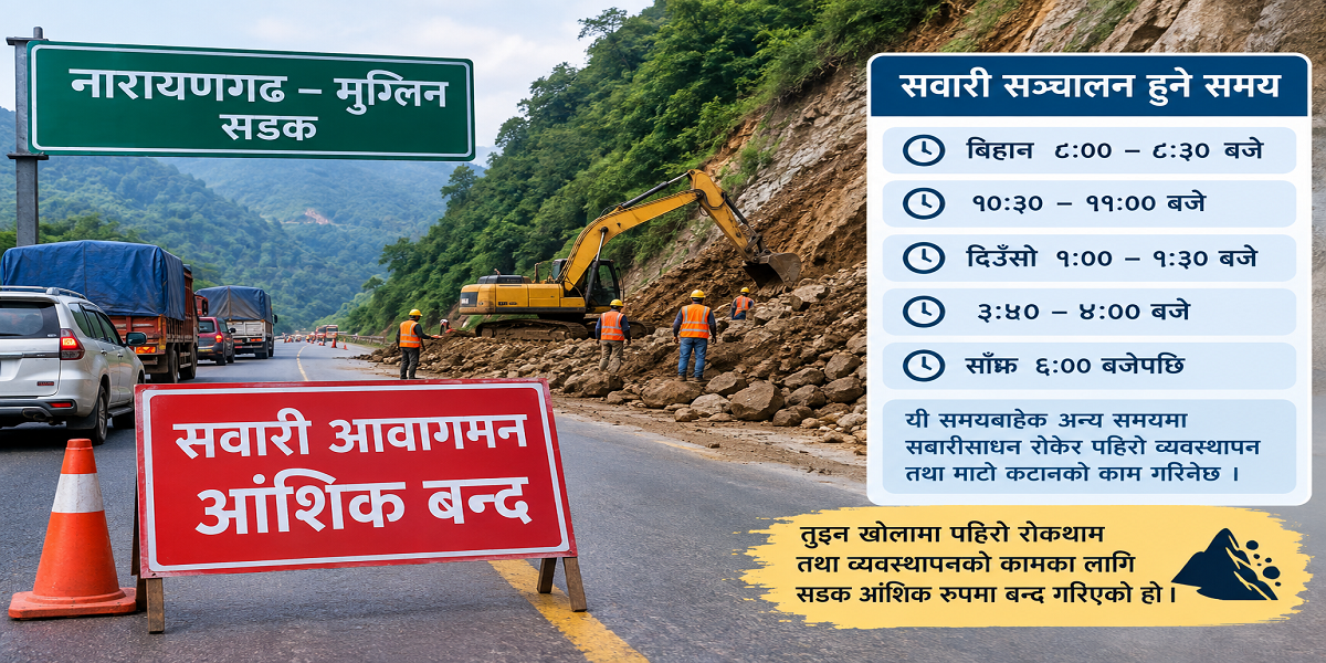 नारायणगढ–मुग्लिन सडक आजदेखि आंशिक बन्द हुने