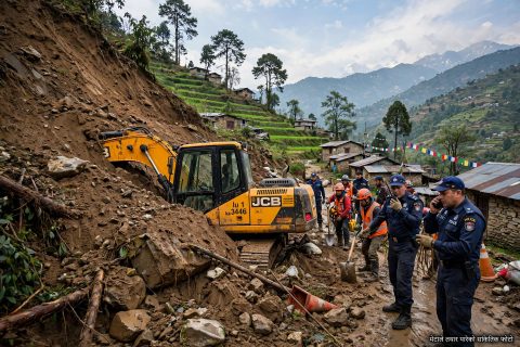 बागलुङमा सडक खन्ने क्रममा पहिरो खस्दा एकाबिहानै तीन मजदुर पुरिए, उद्धार जारी